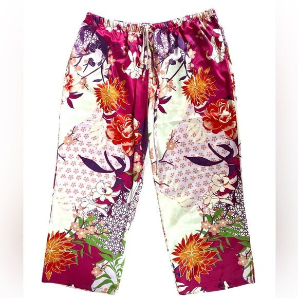 Natori Satin Pants Size XL Cropped Wide Leg Elastic Waist Pull On Floral Pants - Picture 1 of 10